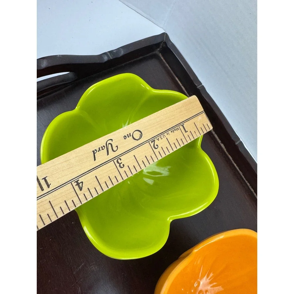Set of 3 Flower Shaped Melamine Bowls Green Orange Yellow Petal Dip Snack Bowls